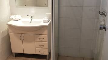 A bathroom with a sink, mirror, and shower.