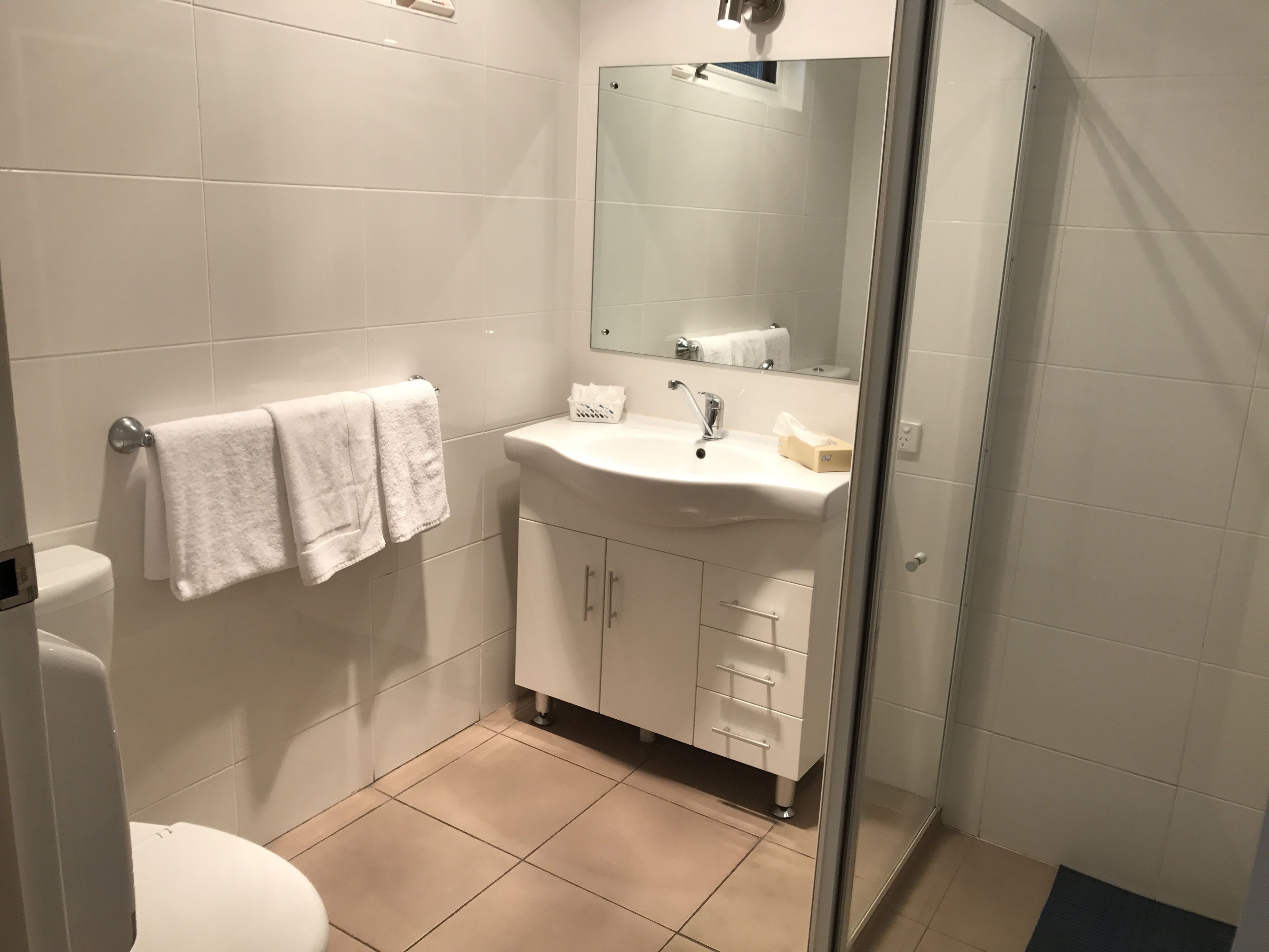 superior room | bathroom | shower, hair dryer, towels