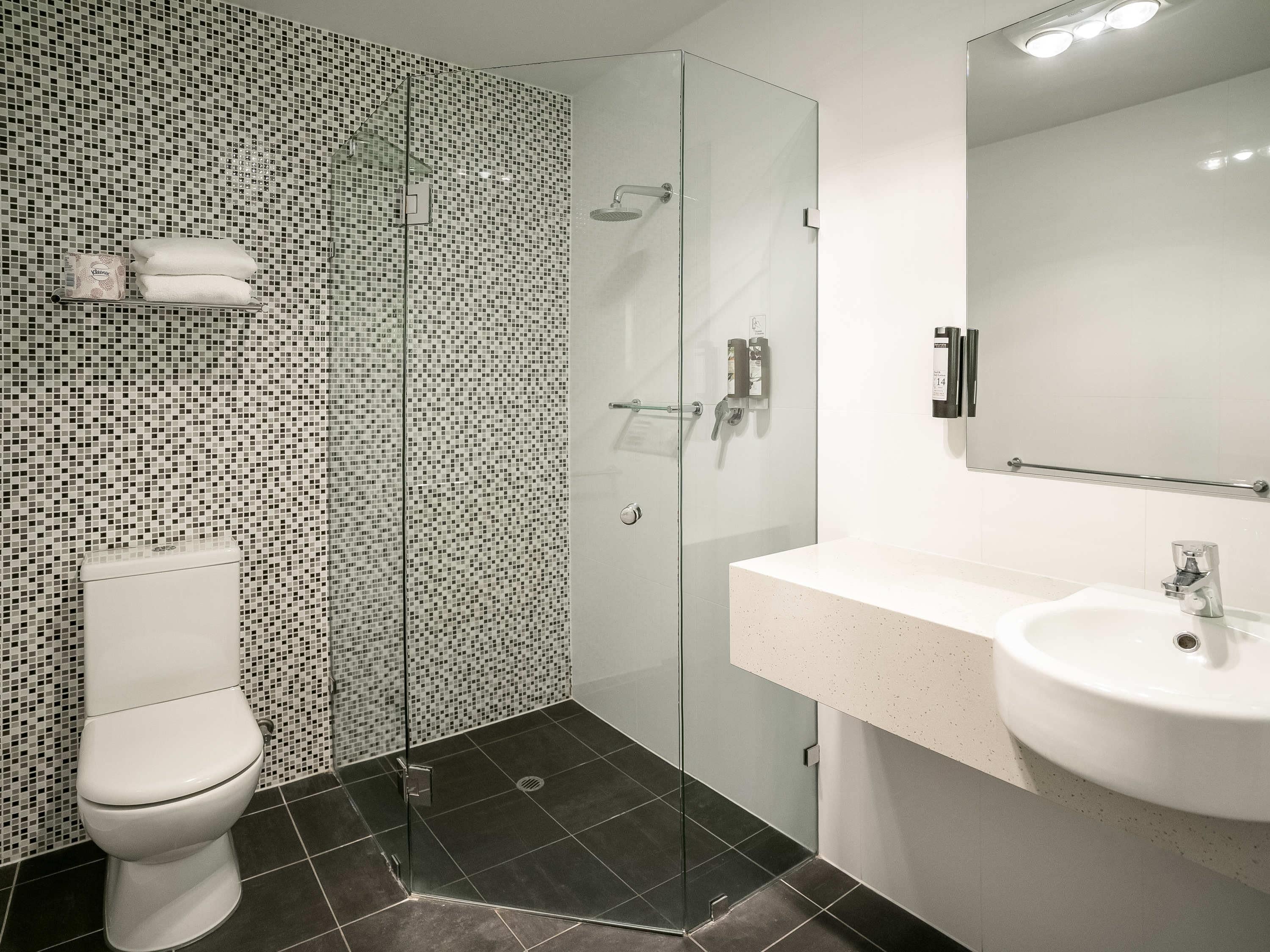 A modern bathroom with a toilet, a glass-enclosed shower, and a sink with a mirror.