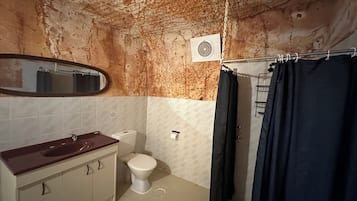 A bathroom with a rustic ceiling, a sink with a mirror, a toilet, and a shower curtain.
