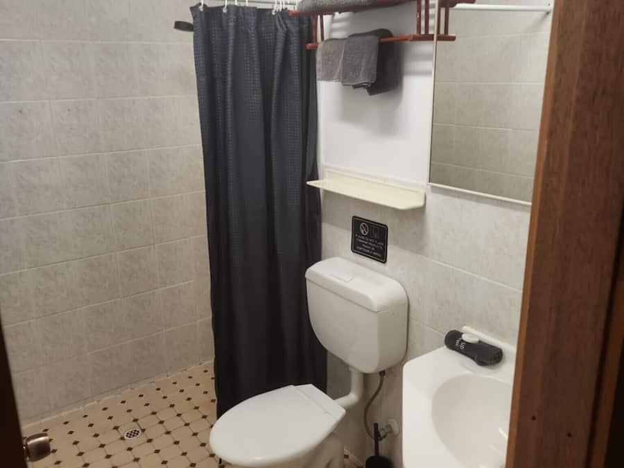 Un baño con inodoro, lavamanos y zona de ducha.