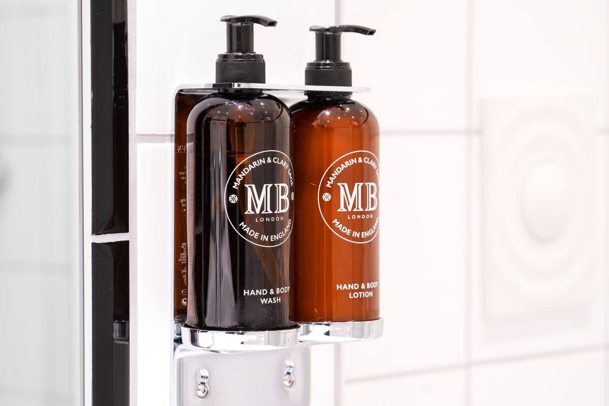 hair dryer, towels, soap, shampoo