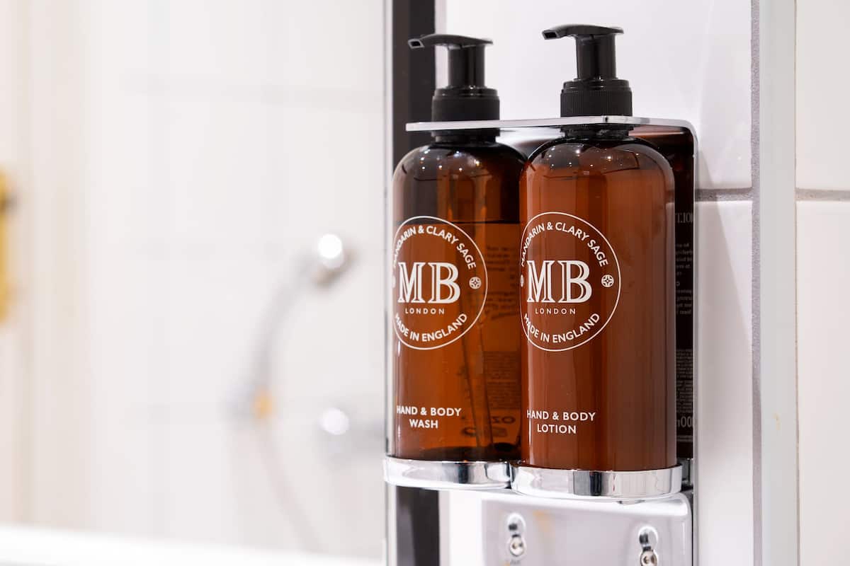 Hair dryer, towels, soap, shampoo