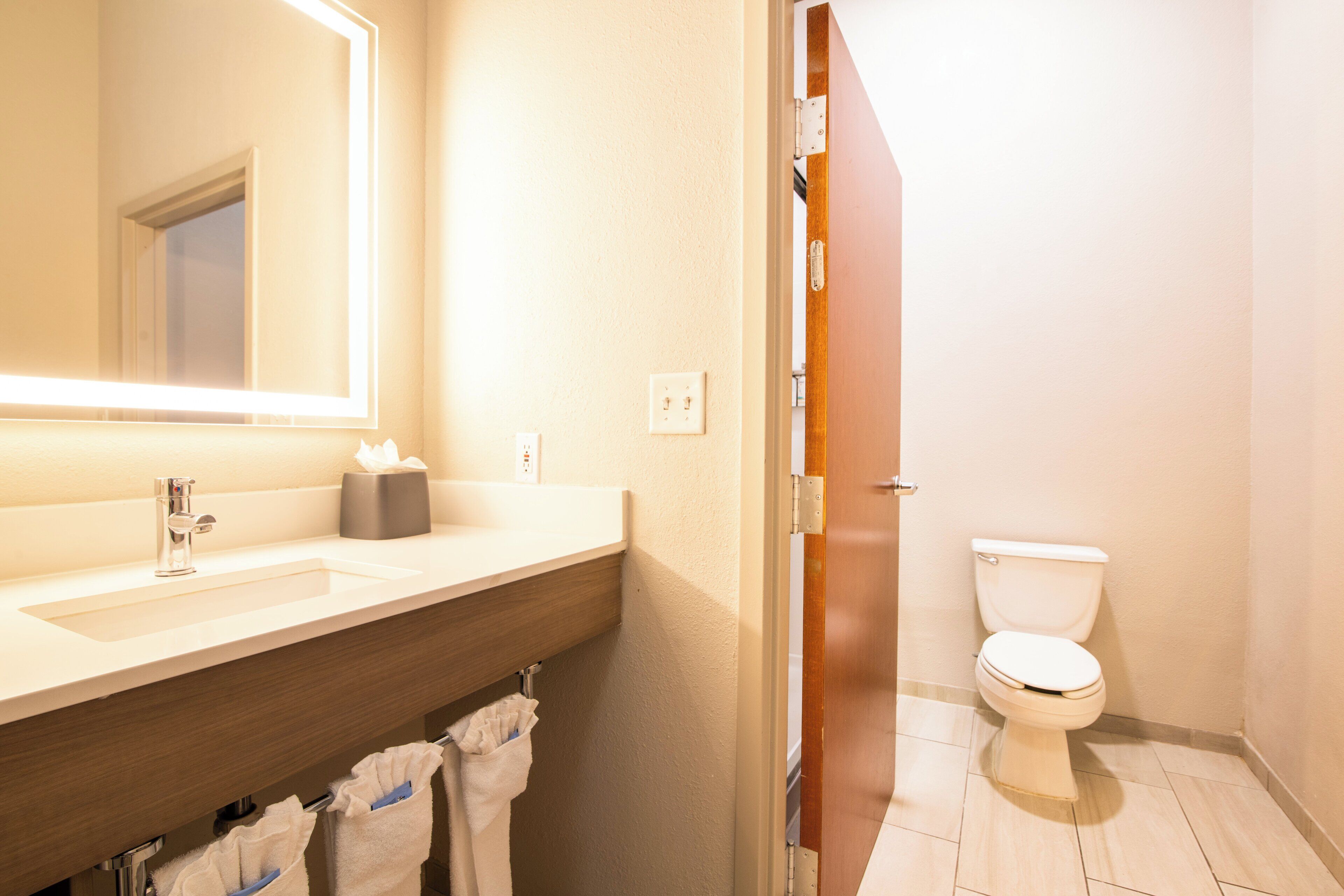 Un baño con lavabo, espejo e inodoro.