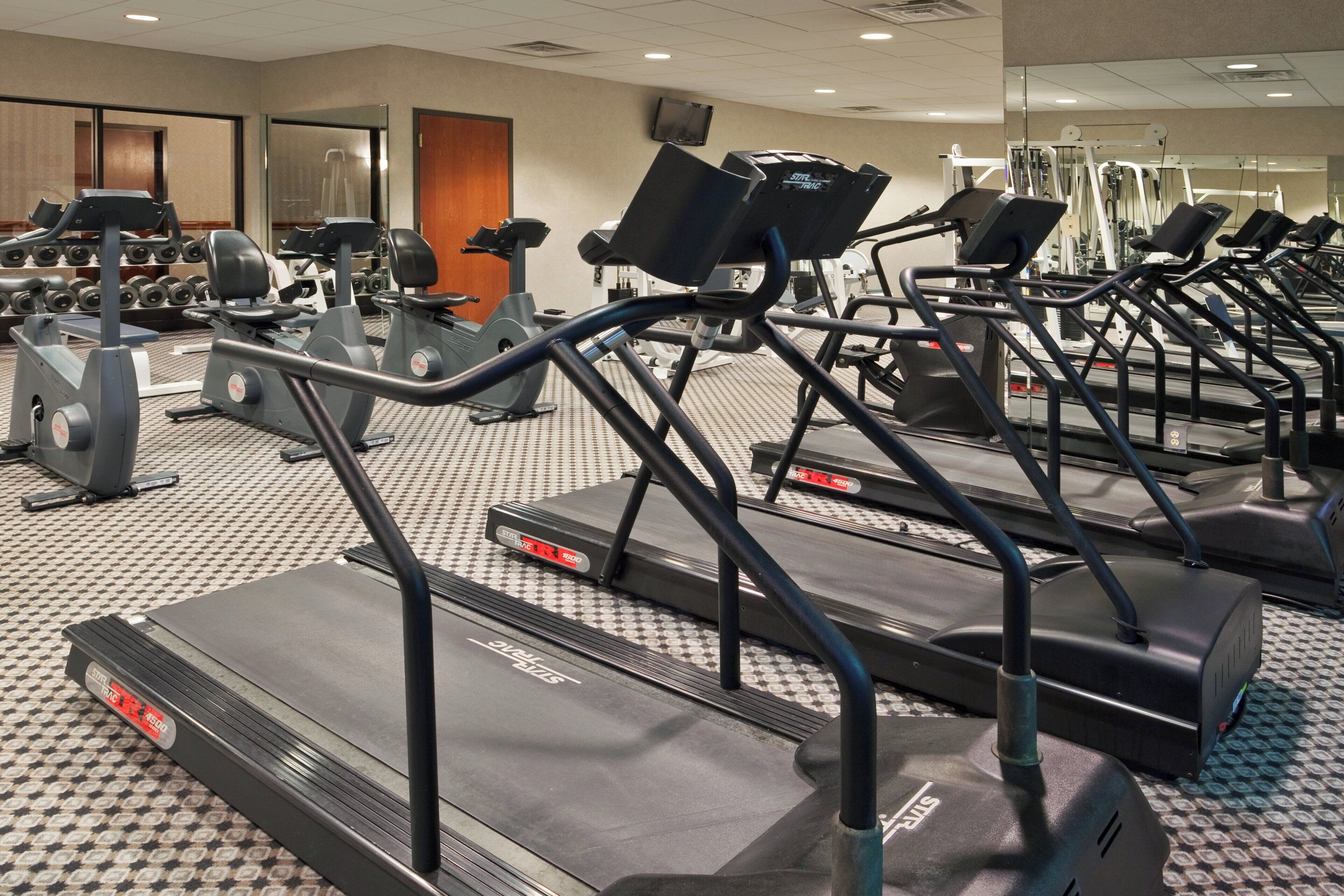 A gym with multiple treadmills, weight machines, and dumbbells.
