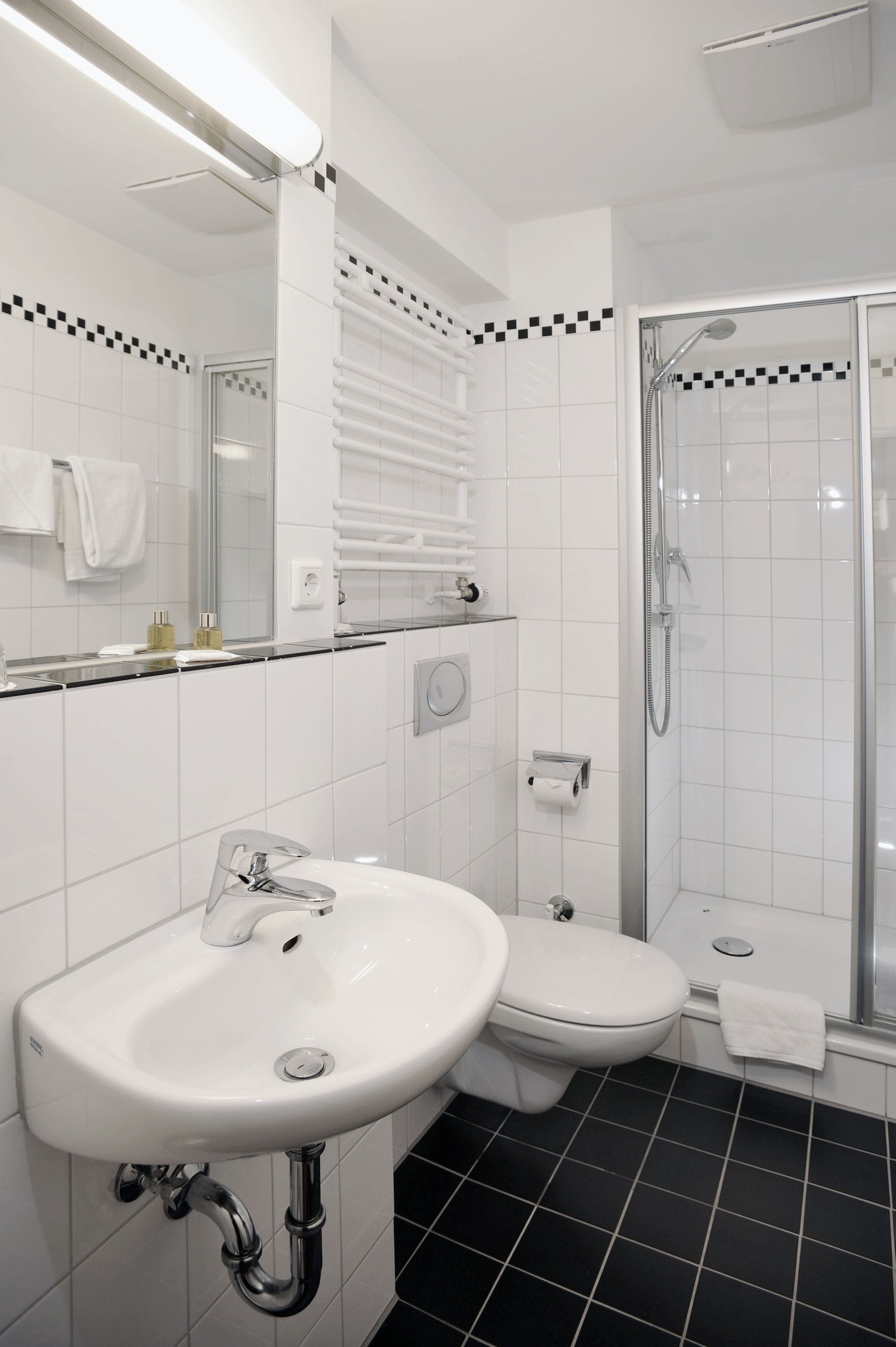 shower, eco-friendly toiletries, hair dryer, towels