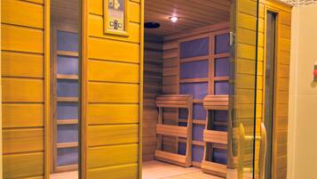 Una sauna con bancos de madera y puerta de vidrio, que incluye un panel de control en la pared.