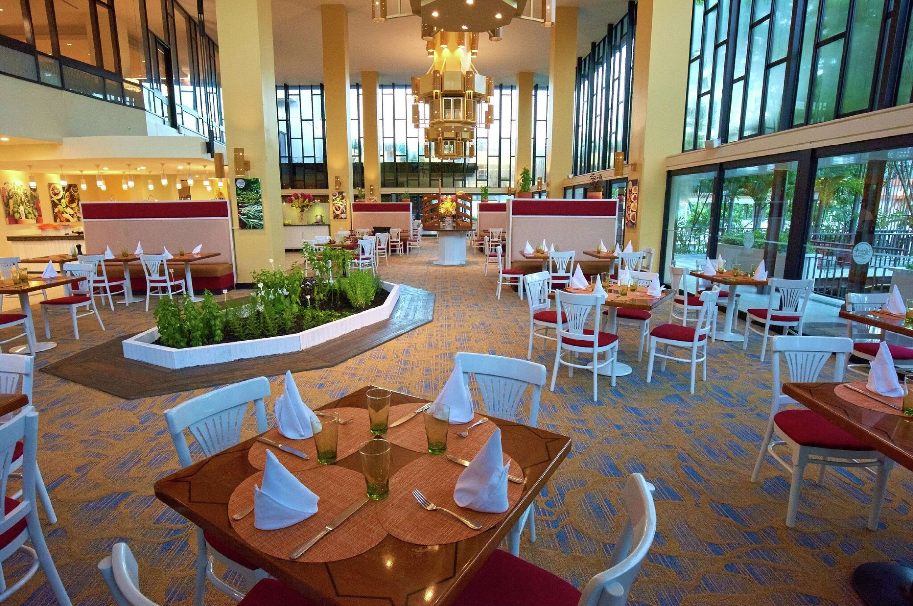 A spacious hotel lobby with multiple dining areas, large windows, and a central planter with greenery.