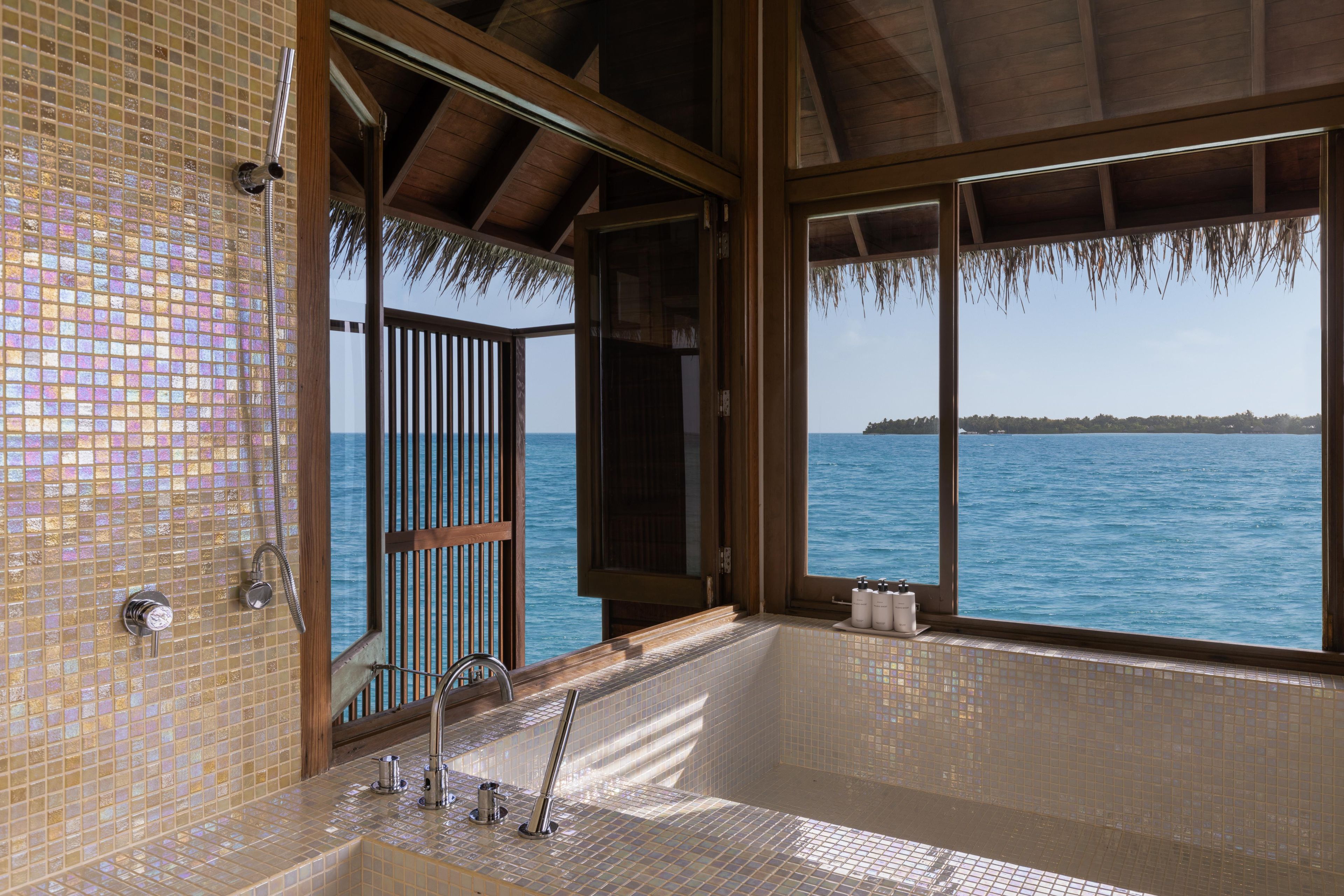 Un baño con bañera, ducha y vistas al mar.