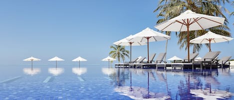 3 outdoor pools, open 9:00 AM to 6:00 PM, pool umbrellas, sun loungers