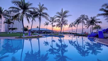 Outdoor pool, pool umbrellas, pool loungers