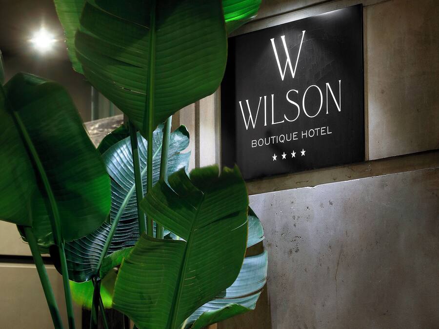 A sign for the Wilson Boutique Hotel with large green leaves in the foreground.