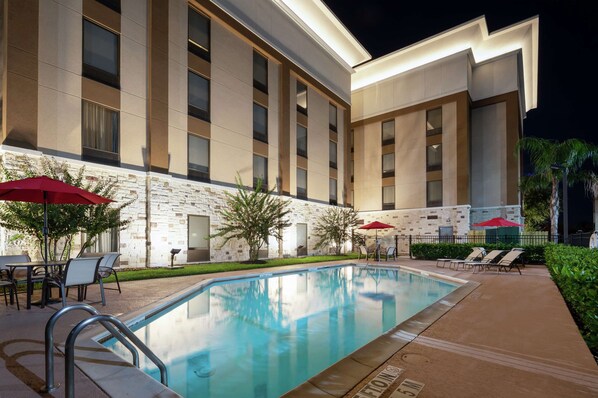 Outdoor pool, open 9 AM to 9 PM, pool umbrellas, pool loungers