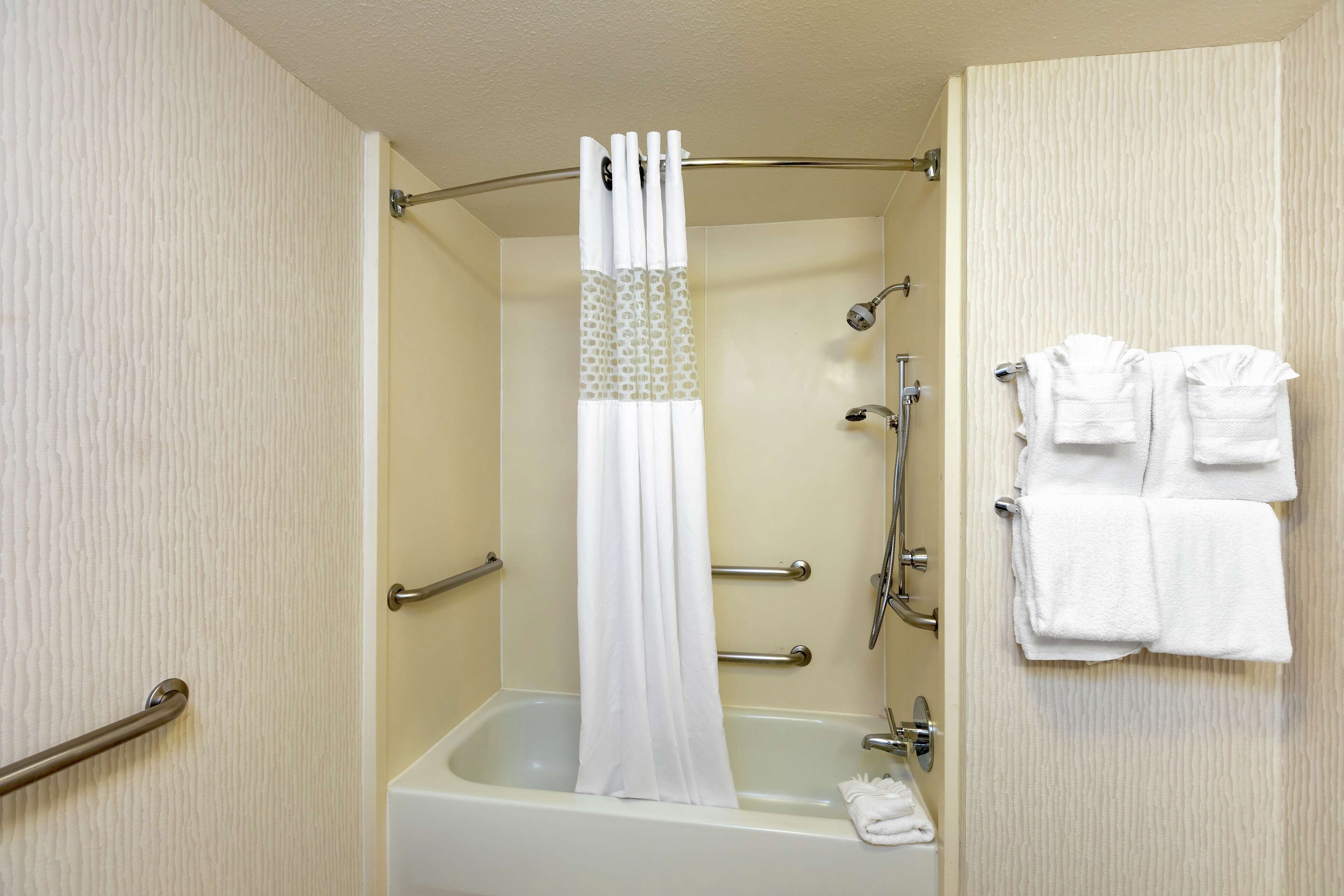 combined shower/bathtub, free toiletries, hair dryer, towels
