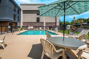 Outdoor pool, pool umbrellas, pool loungers