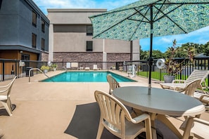 Outdoor pool, pool umbrellas, pool loungers