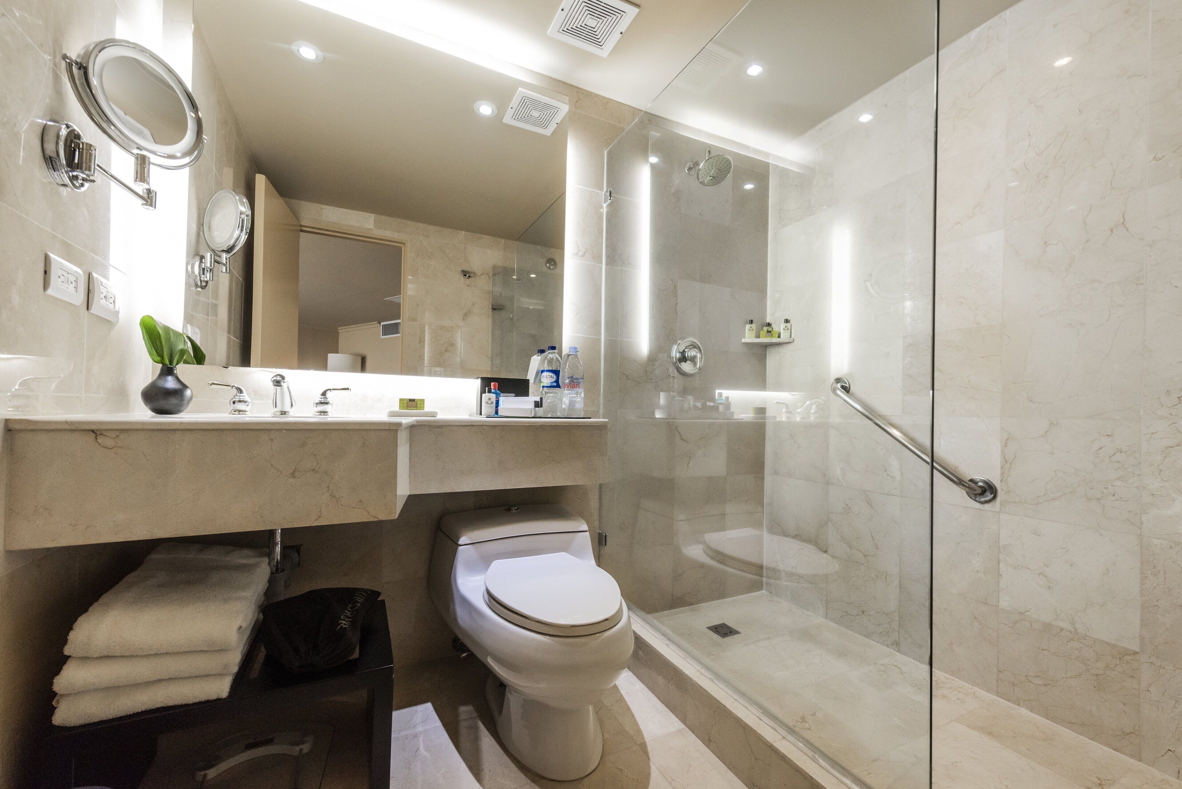 Une salle de bain moderne avec une douche à parois de verre, des toilettes et un meuble-lavabo doté d’un miroir et d’un porte-serviettes.