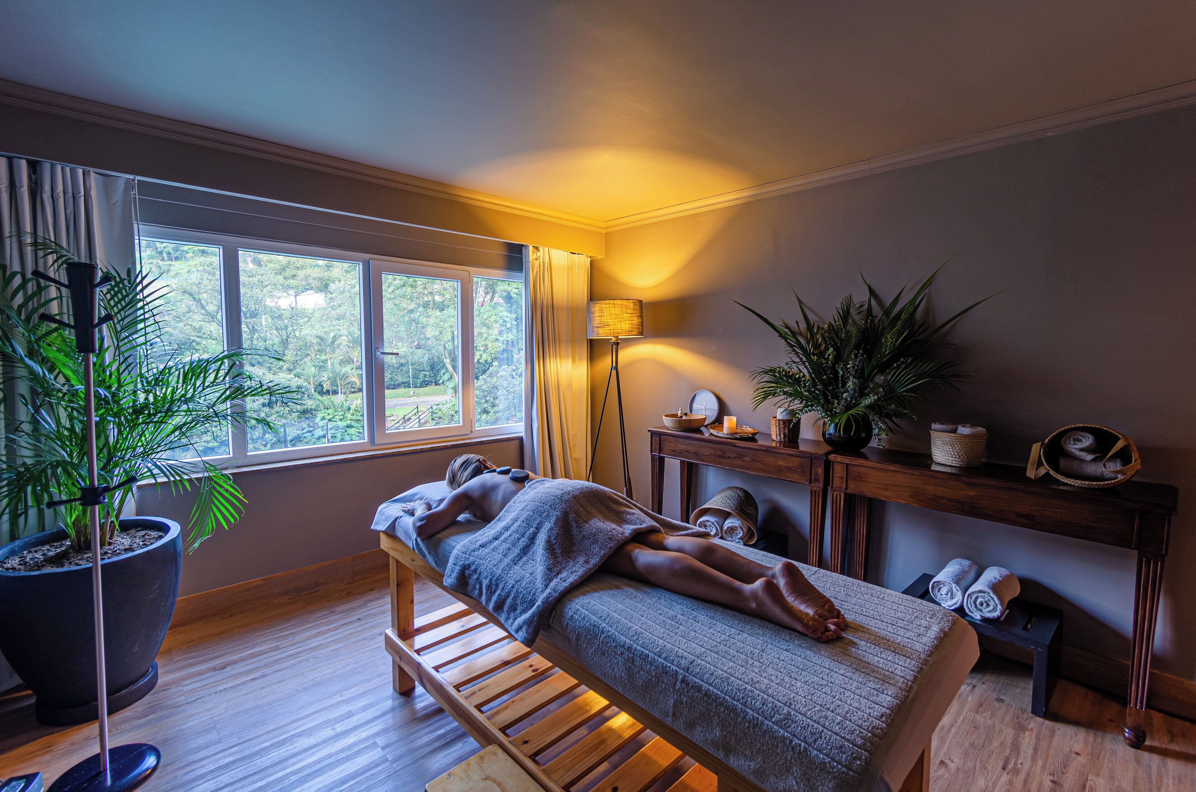 A massage room with a wooden bench, a large potted plant, a lamp, and a view of the outdoors.