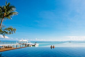 Outdoor pool, pool umbrellas, pool loungers