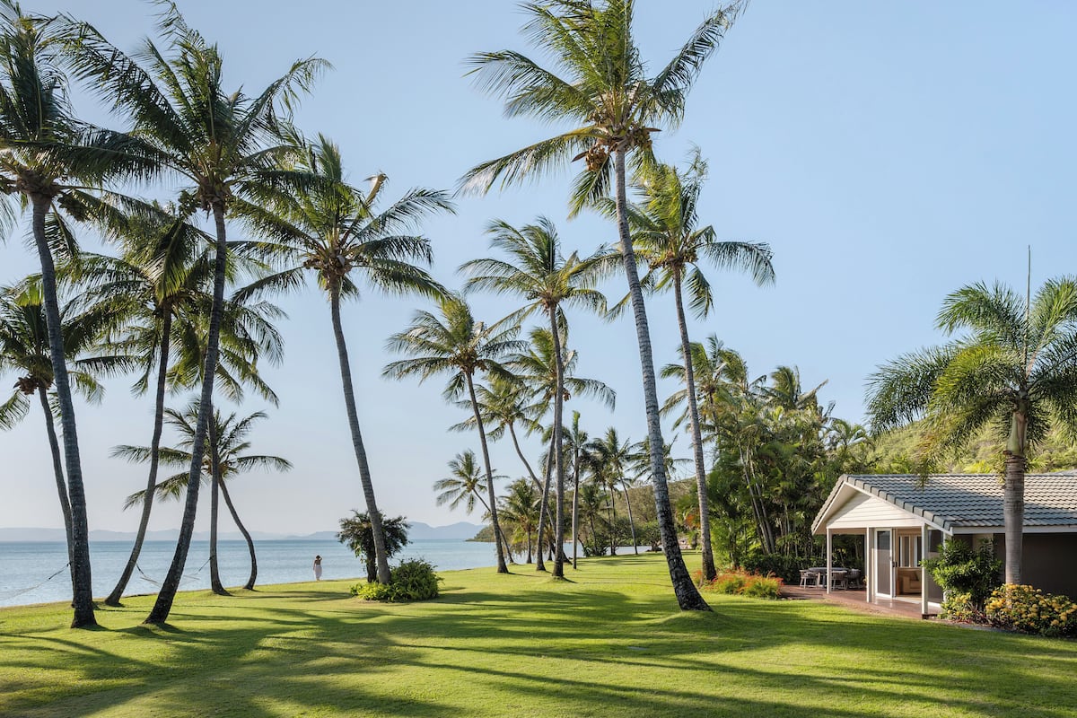 Un resort tropical con palmeras, una piscina y vista al océano.