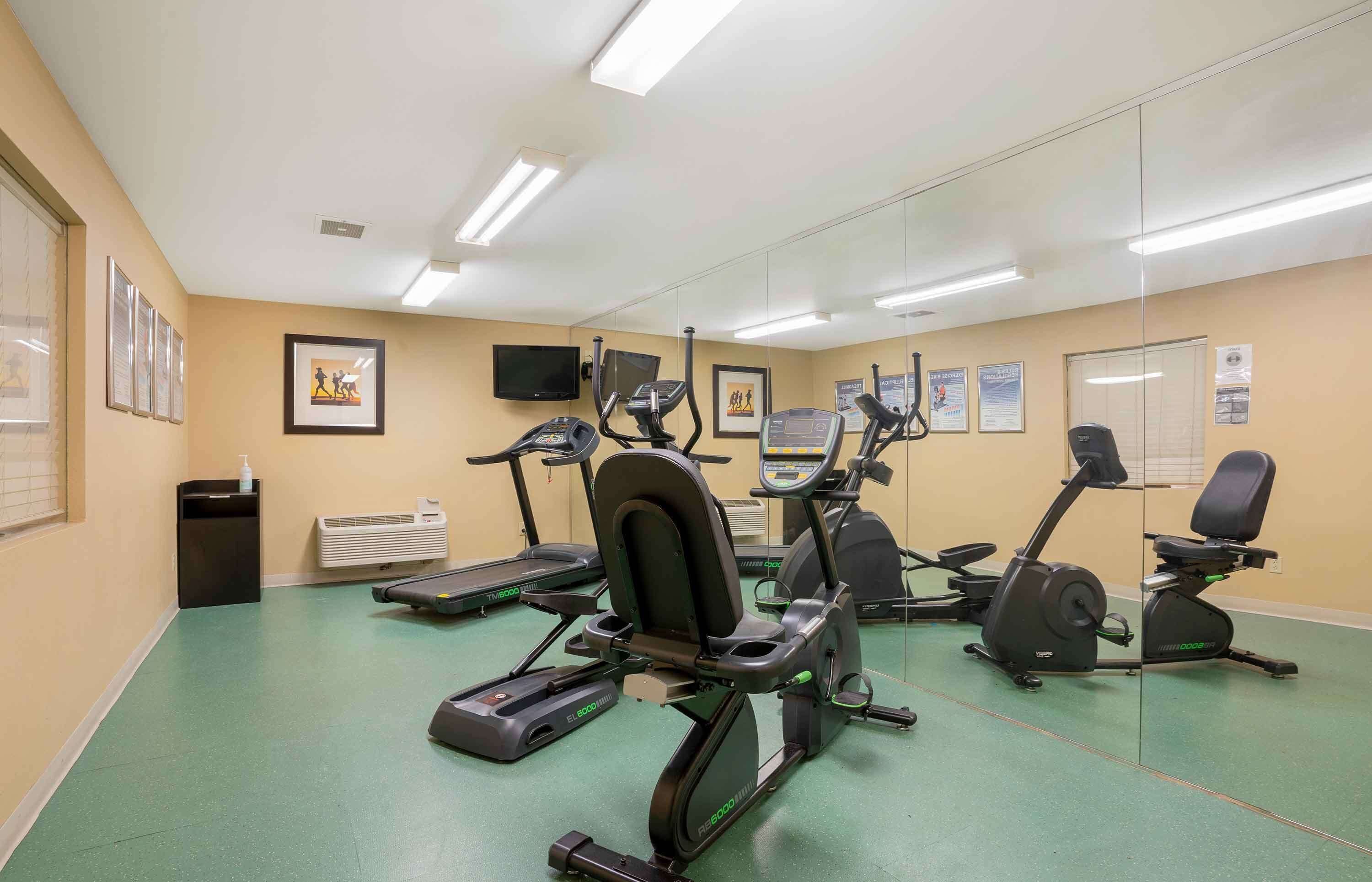 A fitness room with treadmills, stationary bikes, and a rowing machine.