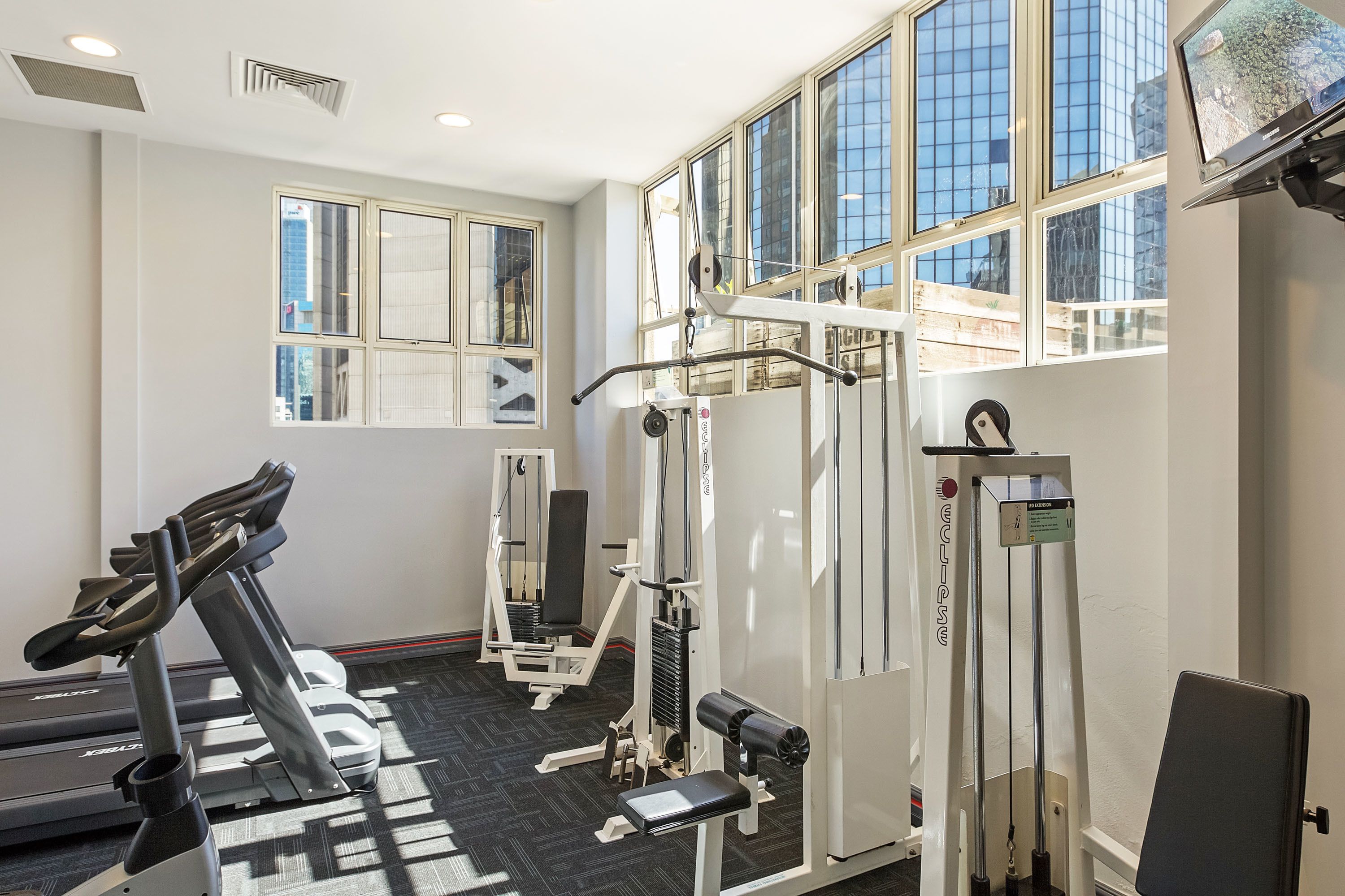 A gym with treadmills, weight machines, and a pull-up bar.
