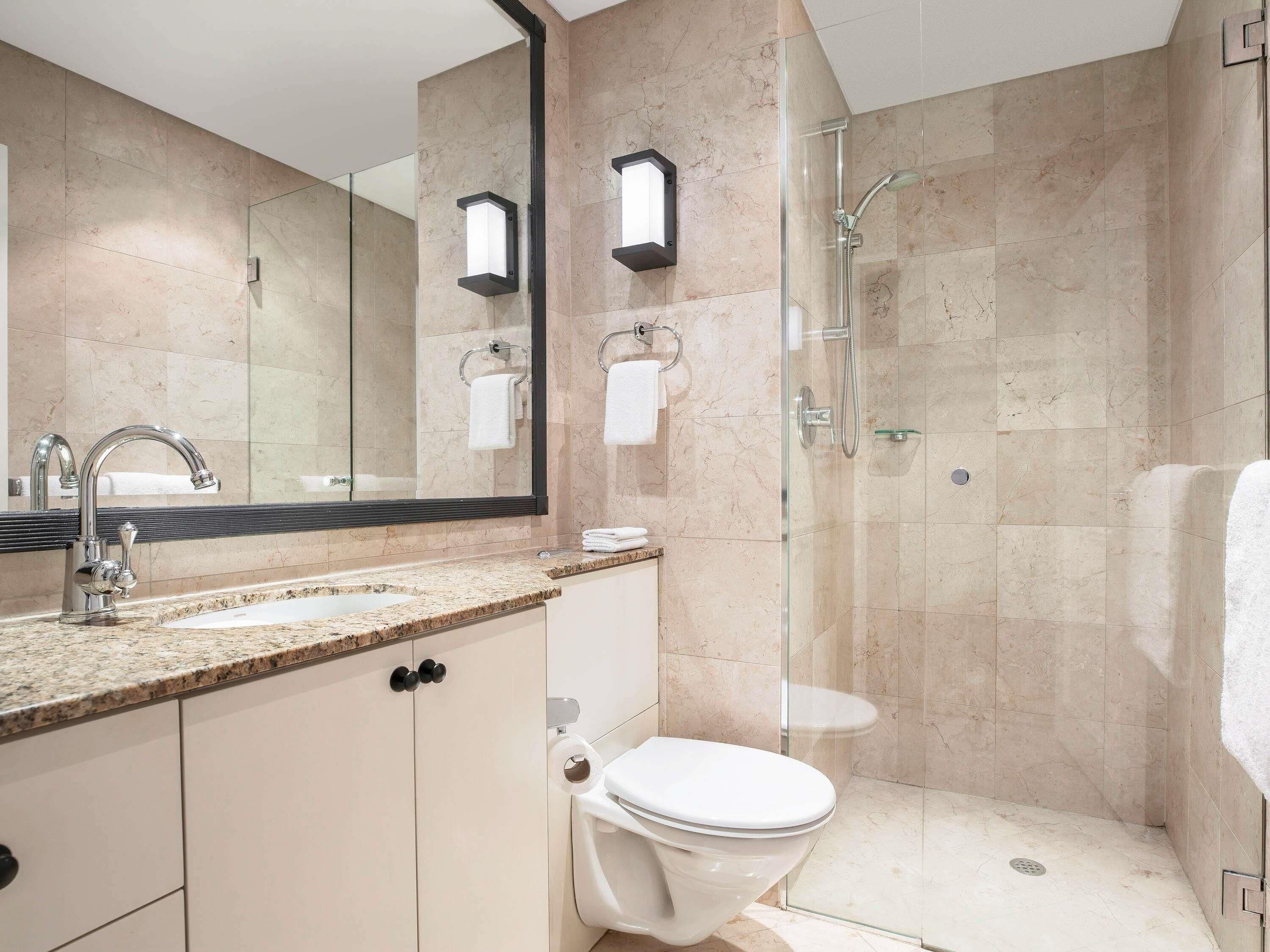 A modern bathroom with a granite countertop, a white toilet, a glass-enclosed shower, and a large mirror.