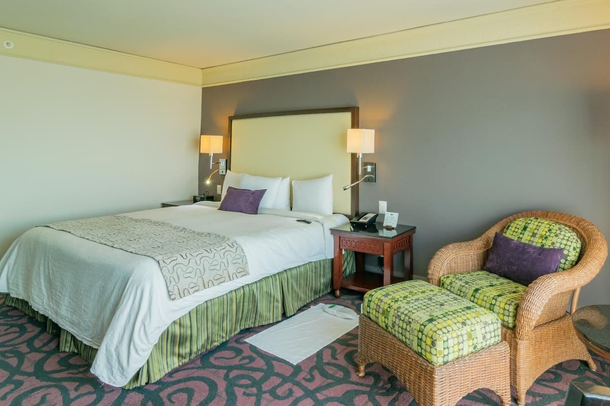 A hotel room with a bed, a chair, a nightstand, and a lamp.