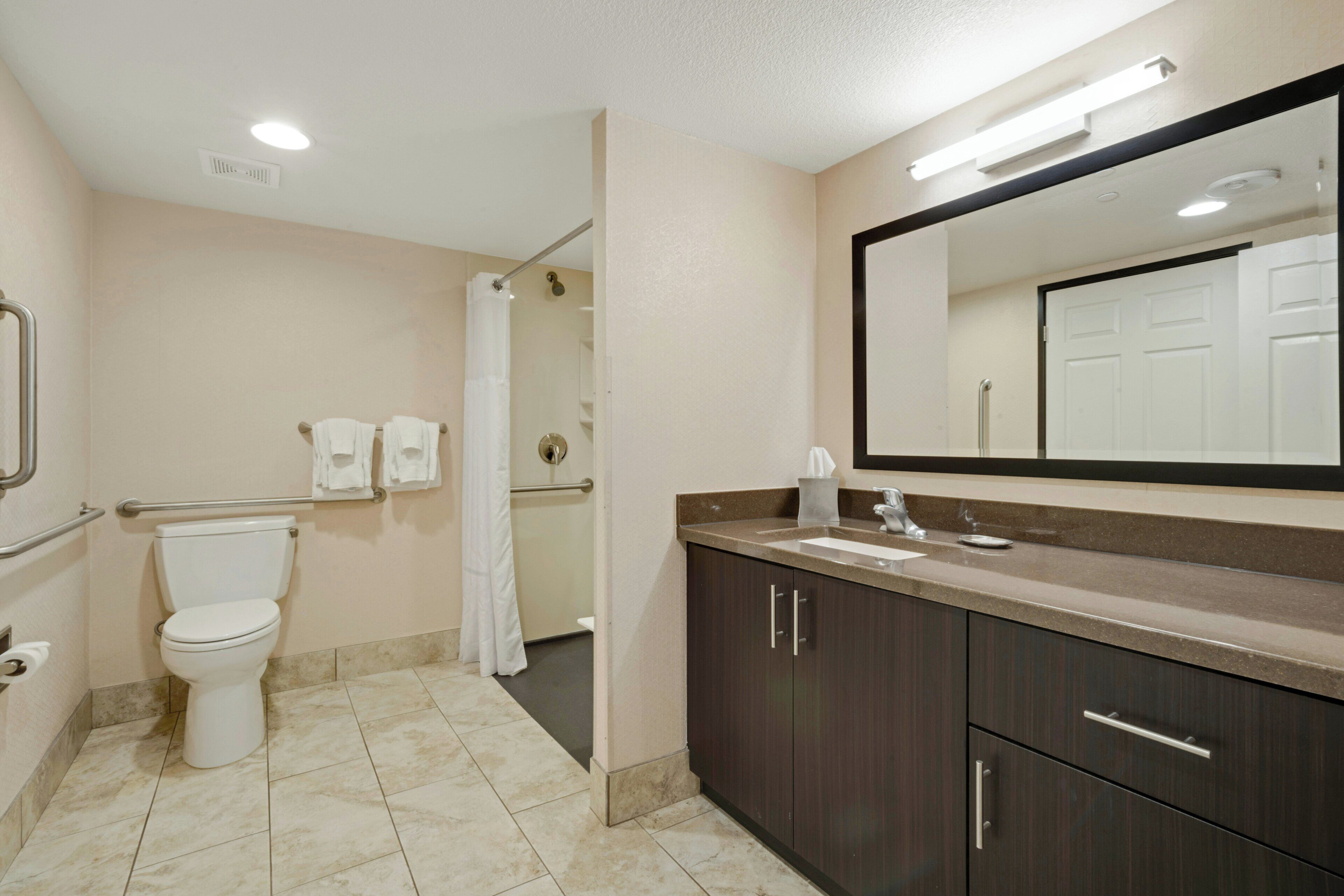 A bathroom with a toilet, a sink, a mirror, and a shower area.