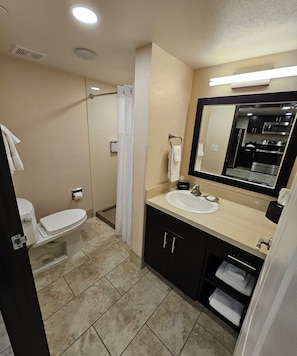 A bathroom with a toilet, sink, mirror, and shower area. - The Carriage House (Las Vegas)