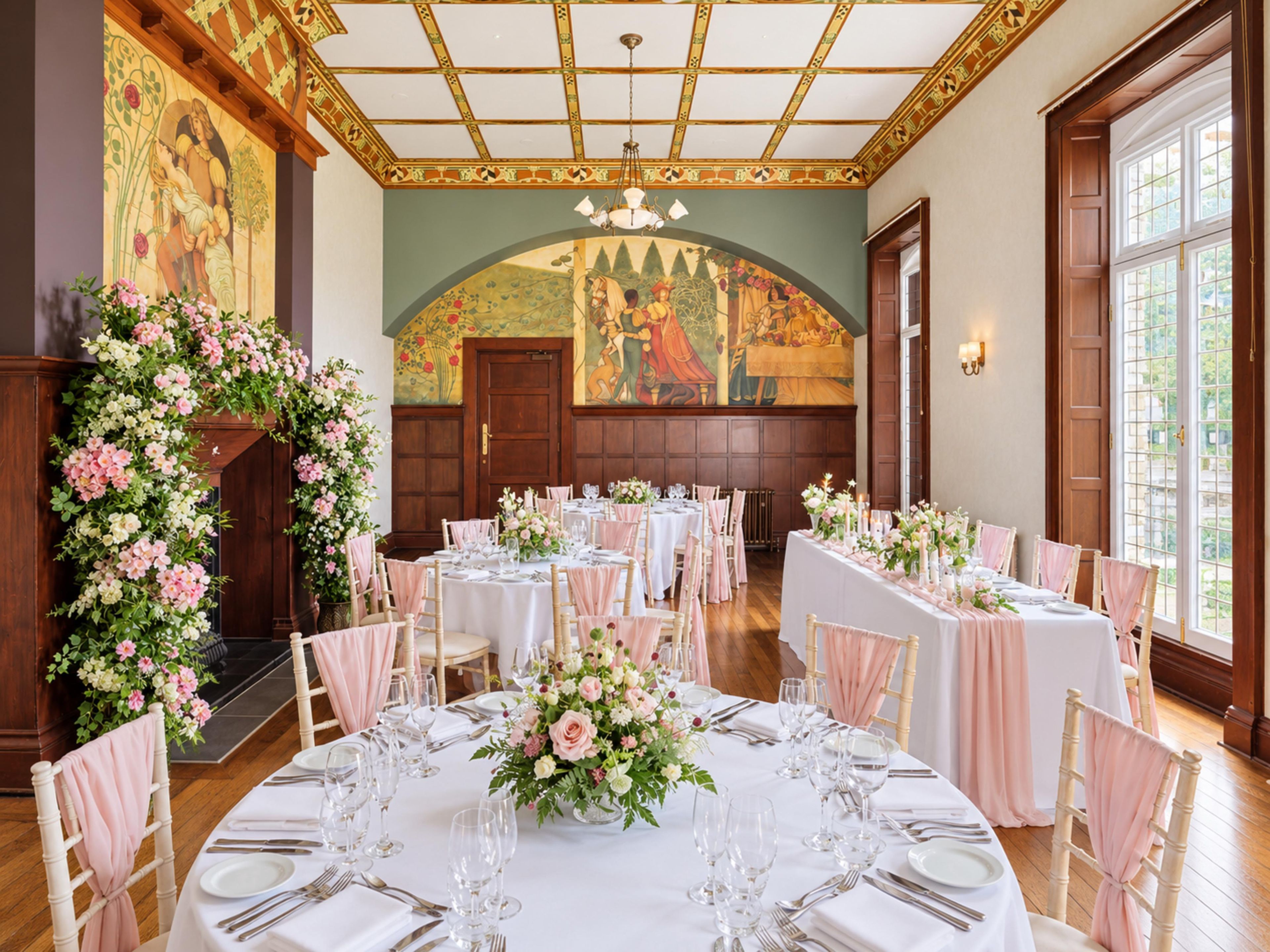 A banquet hall with round tables, floral centerpieces, and a mural on the wall.
