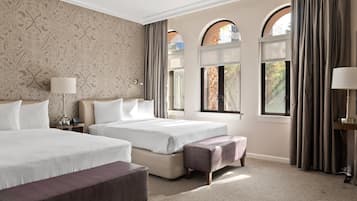 Premium bedding, pillowtop beds, desk, laptop workspace
