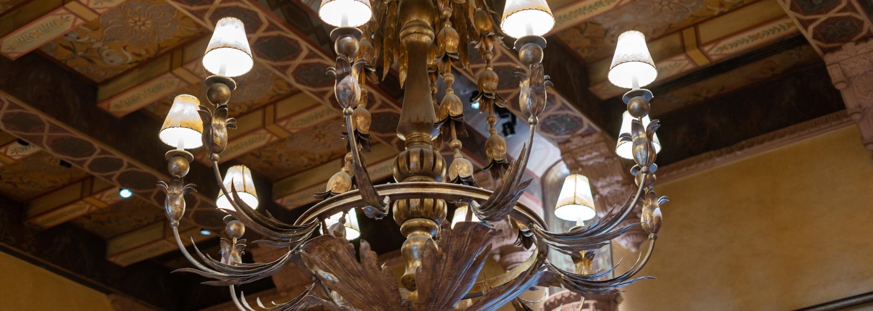 A chandelier with multiple arms and light fixtures.