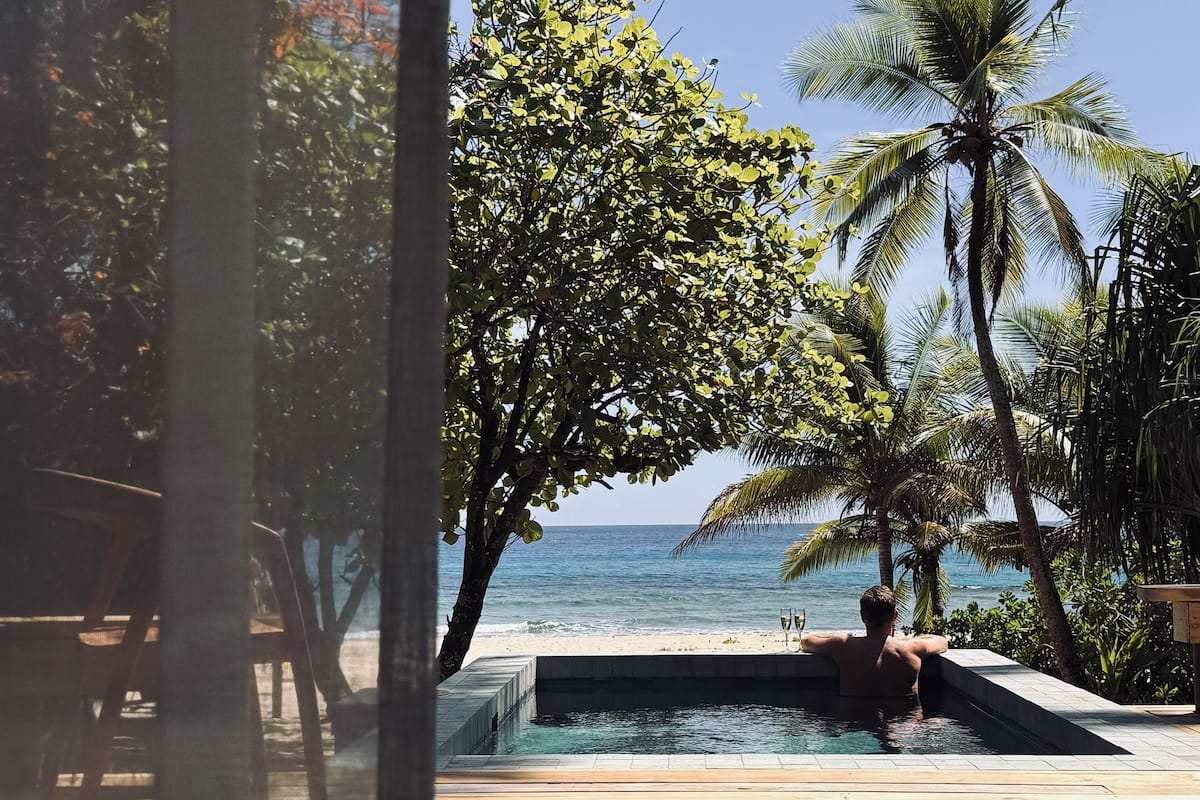 A man in a swimming pool with a view of the ocean and palm trees.