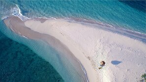 Private beach, white sand, free beach cabanas, sun loungers