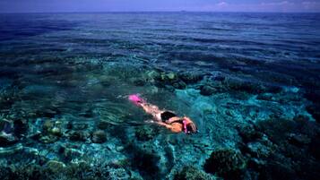 Una persona practica snorkel en aguas cristalinas, con rocas y formaciones coralinas visibles bajo el agua.