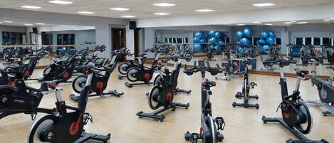 Een sportschool met meerdere hometrainers, spiegels en fitnessballen.