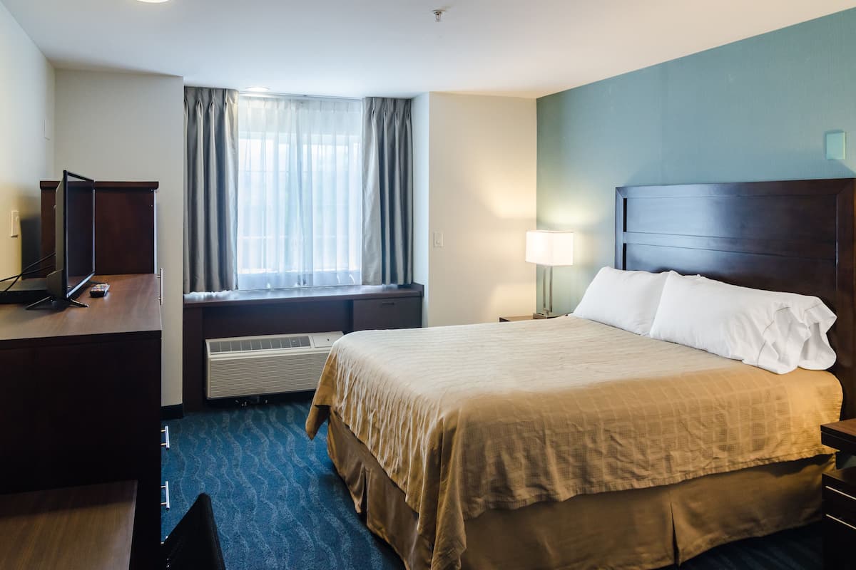 A hotel room with a bed, a desk, a chair, a window with curtains, and a lamp.