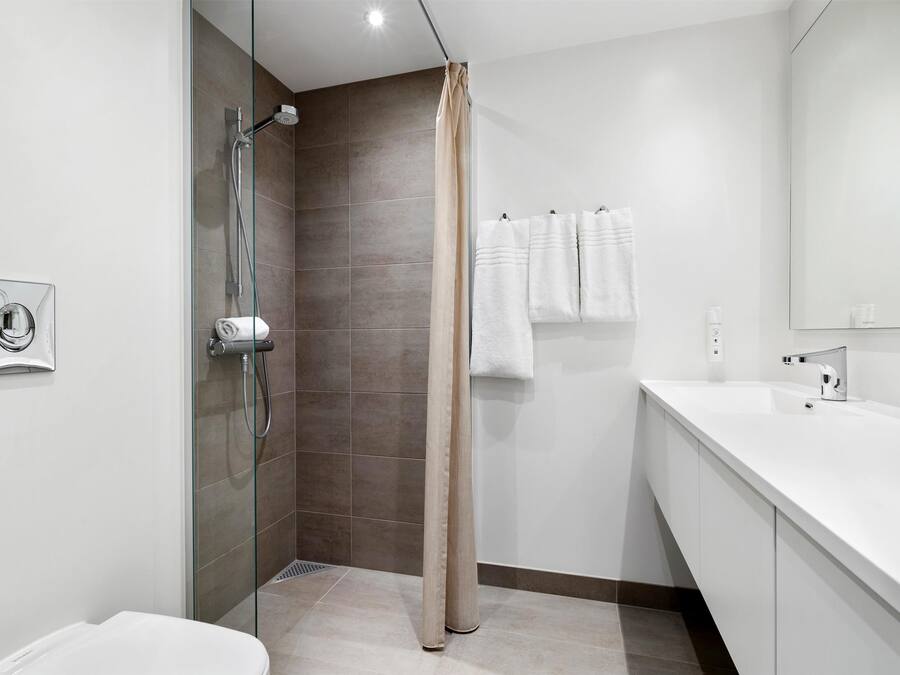 Un baño moderno con ducha de vidrio, un lavamanos blanco y un espejo grande.