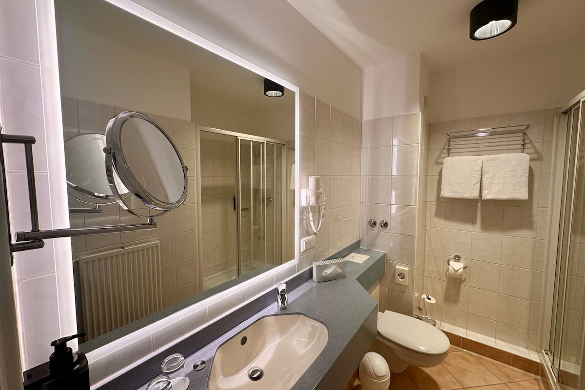 premium double room, 1 king bed, non smoking, canal view | bathroom | shower, free toiletries, hair dryer, slippers