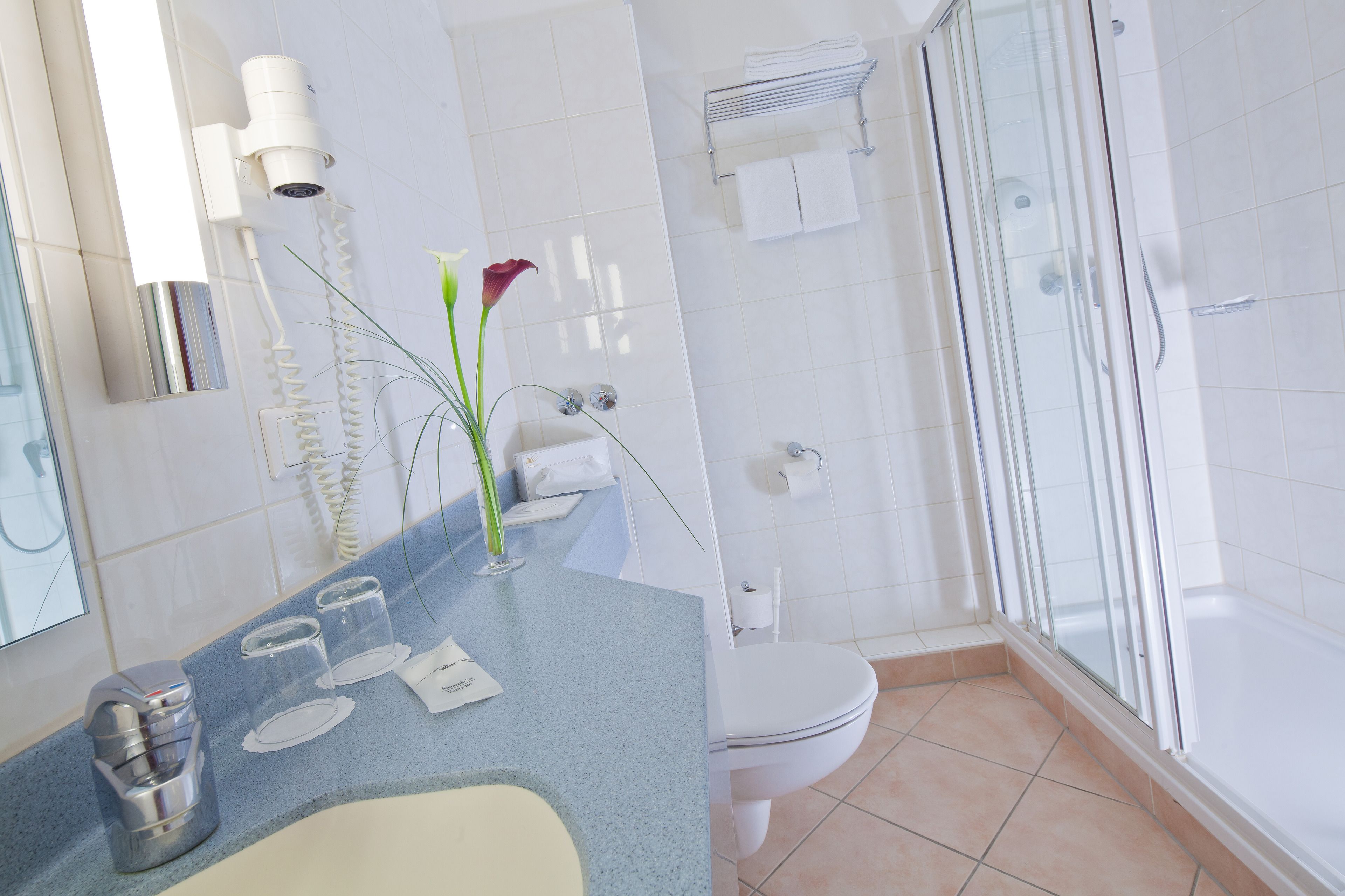 A modern bathroom with a glass shower enclosure, a sink with a mirror, and a toilet.
