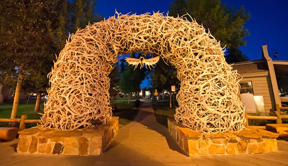 Un arco hecho de ramas entrelazadas en la entrada de un parque.