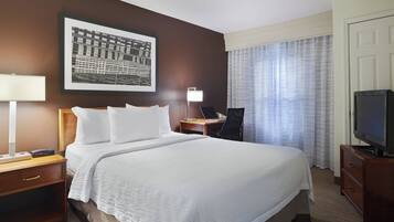 Desk, laptop workspace, blackout curtains, iron/ironing board