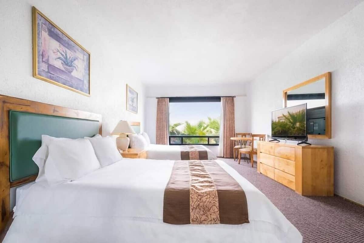 A hotel room with a large bed, a desk with a chair, a television, and a window with a view of palm trees.