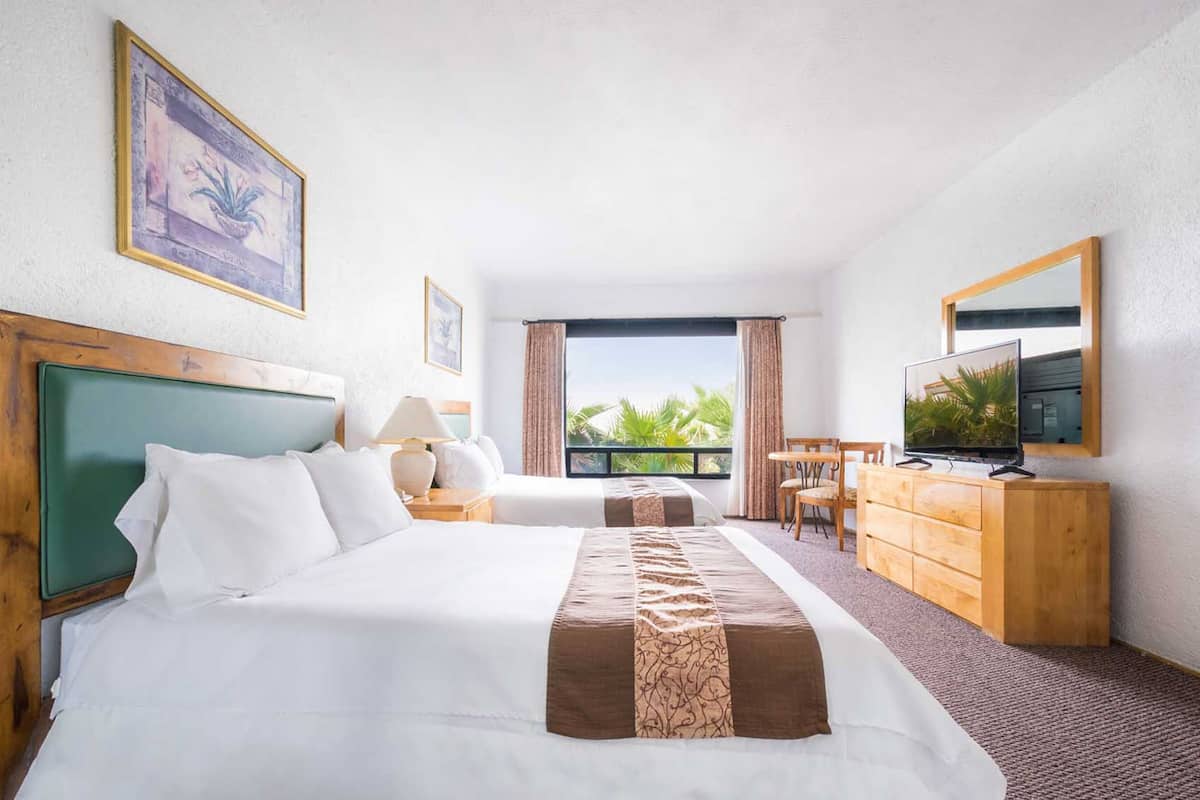 A hotel room with two beds, a TV, a desk, and a window with a view of palm trees.