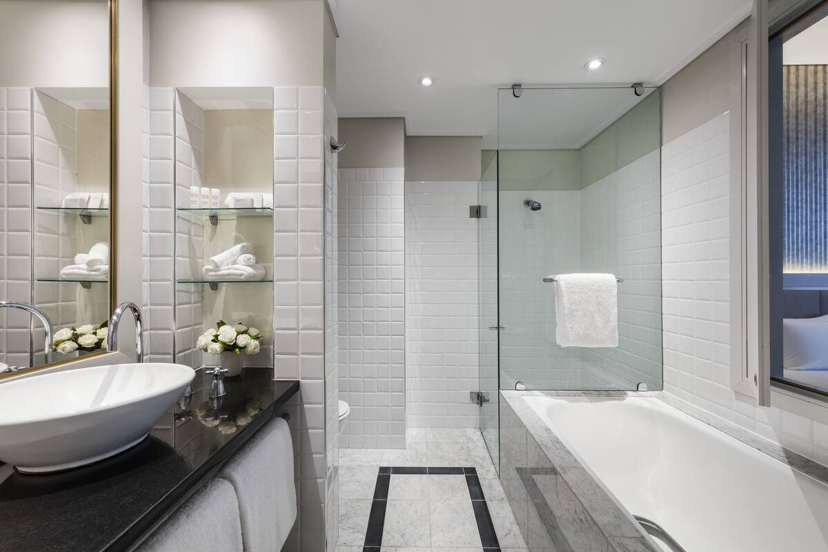 shower, eco-friendly toiletries, hair dryer, bathrobes