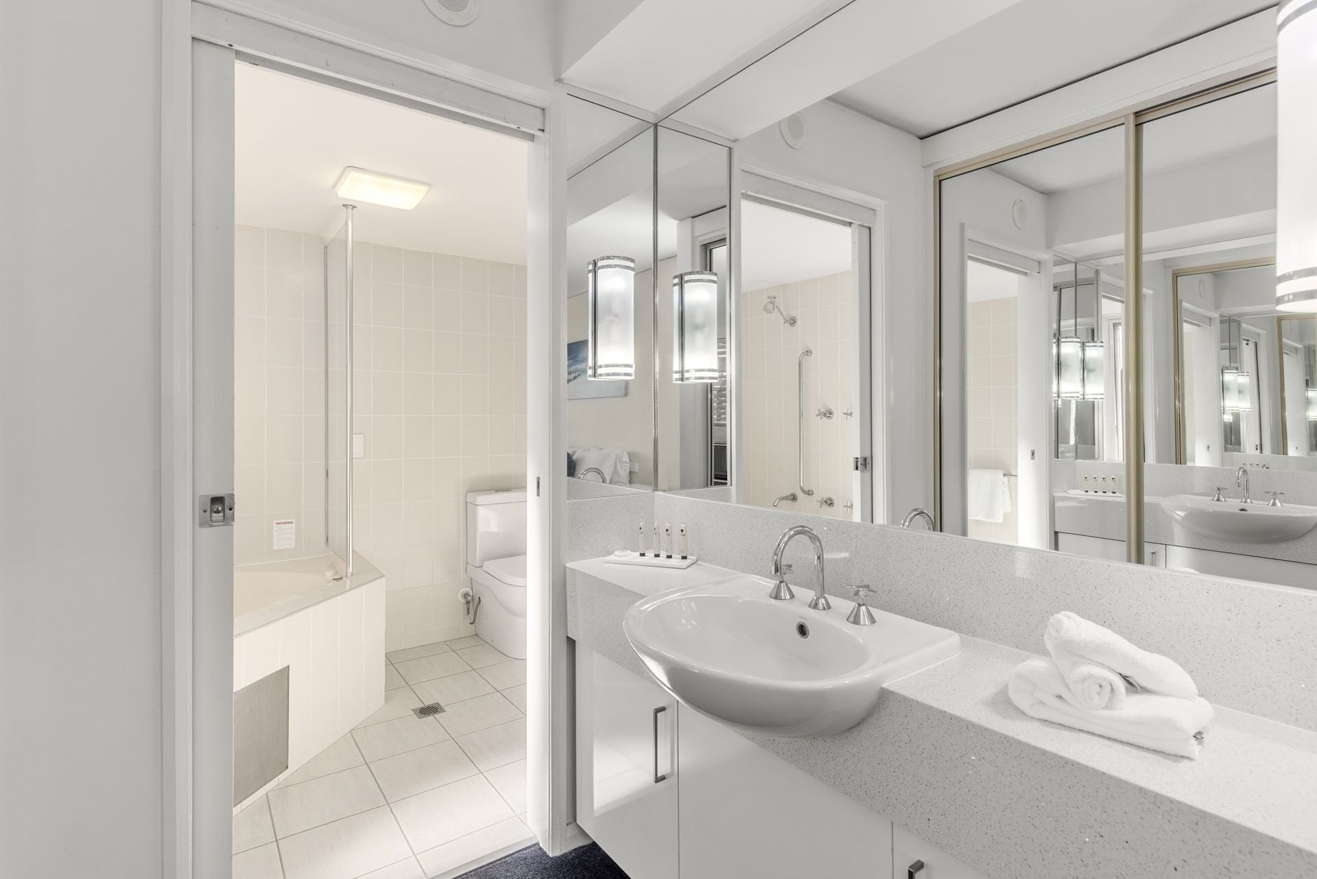 executive one bedroom apartment | bathroom | shower, free toiletries, hair dryer, towels