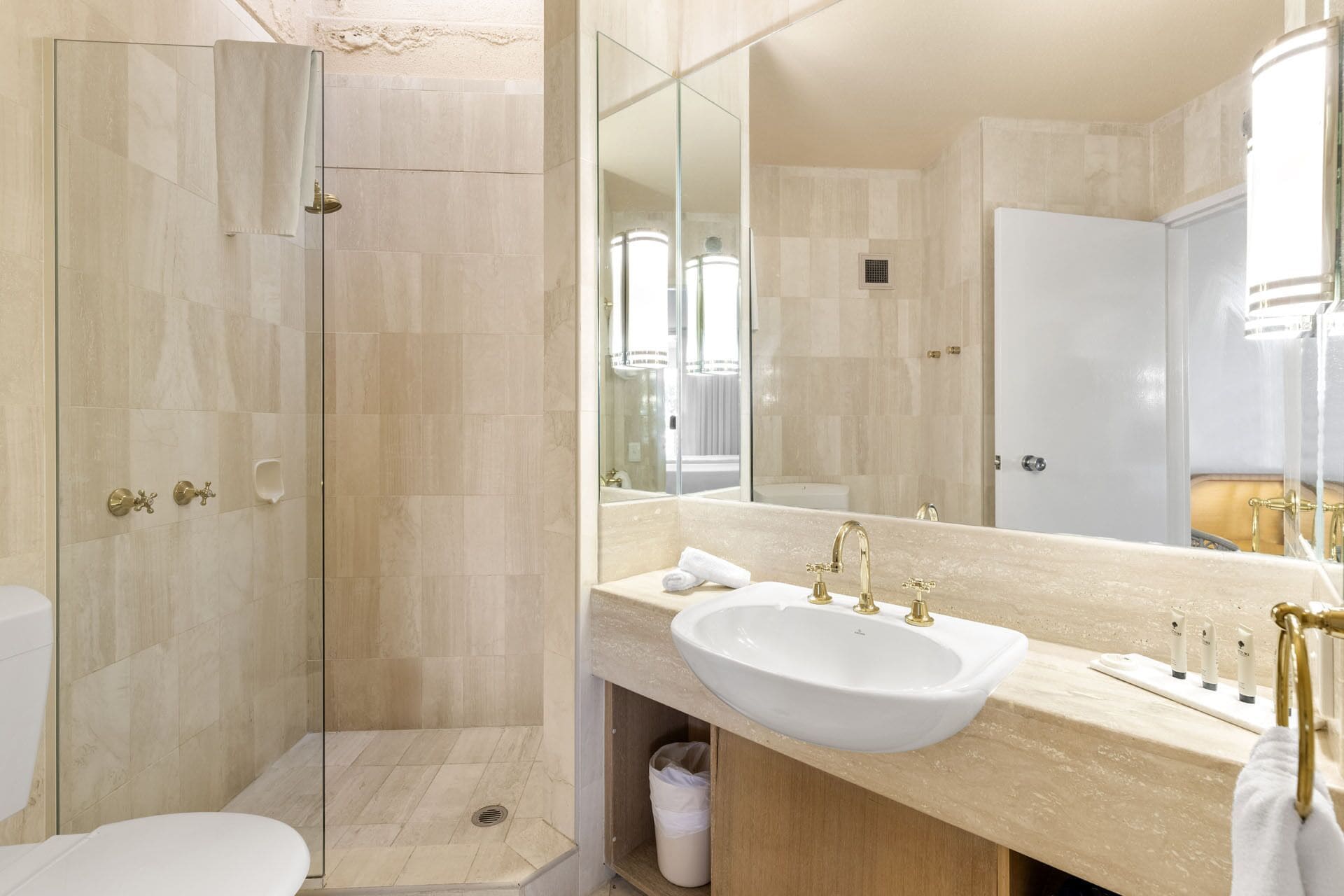 A modern bathroom with a walk-in shower, a toilet, a sink with a vanity, and a large mirror.