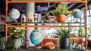 A shelf with globes, a vintage telephone, and potted plants. - Me and All Hotel Berlin East Side, by Hyatt - NEW OPENING (Berlin)