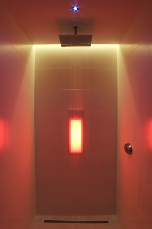 A modern elevator with a red light and a blue light on the ceiling.